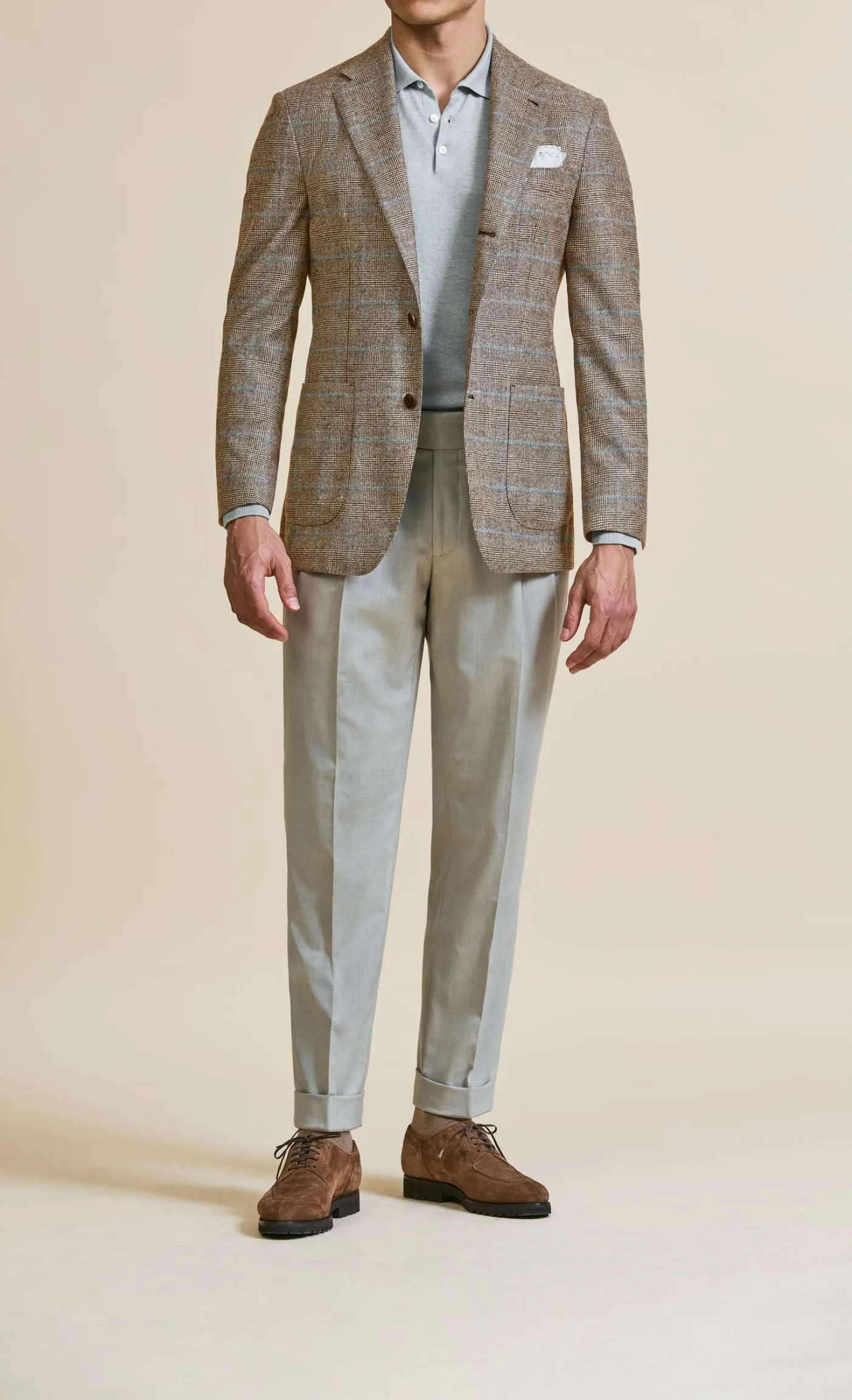 Loro Piana Wish Tan S170 Merino Wool & Cashmere Glencheck with Light Blue Overcheck