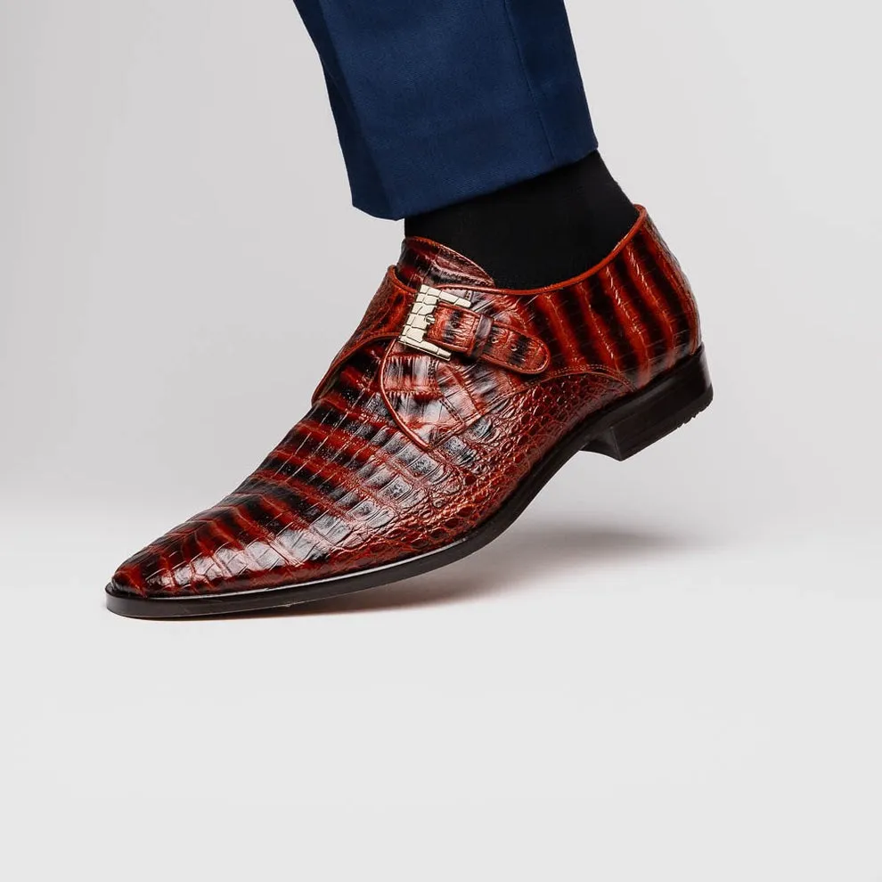 Marco Di Milano Rovigo Men's Shoes Wine Exotic Crocodile Skin Single Monk-Strap Loafers (MDM1000)