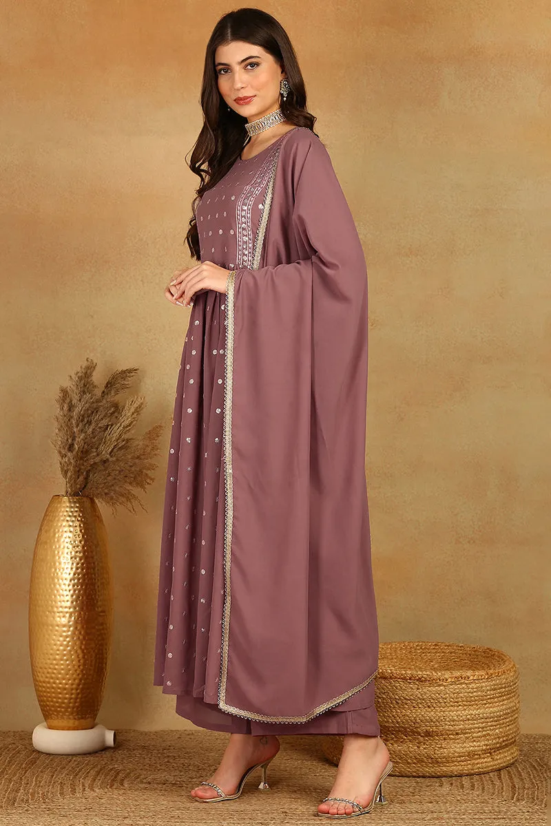 Mauve Georgette Solid Embroidered 3-Piece Kurta Set