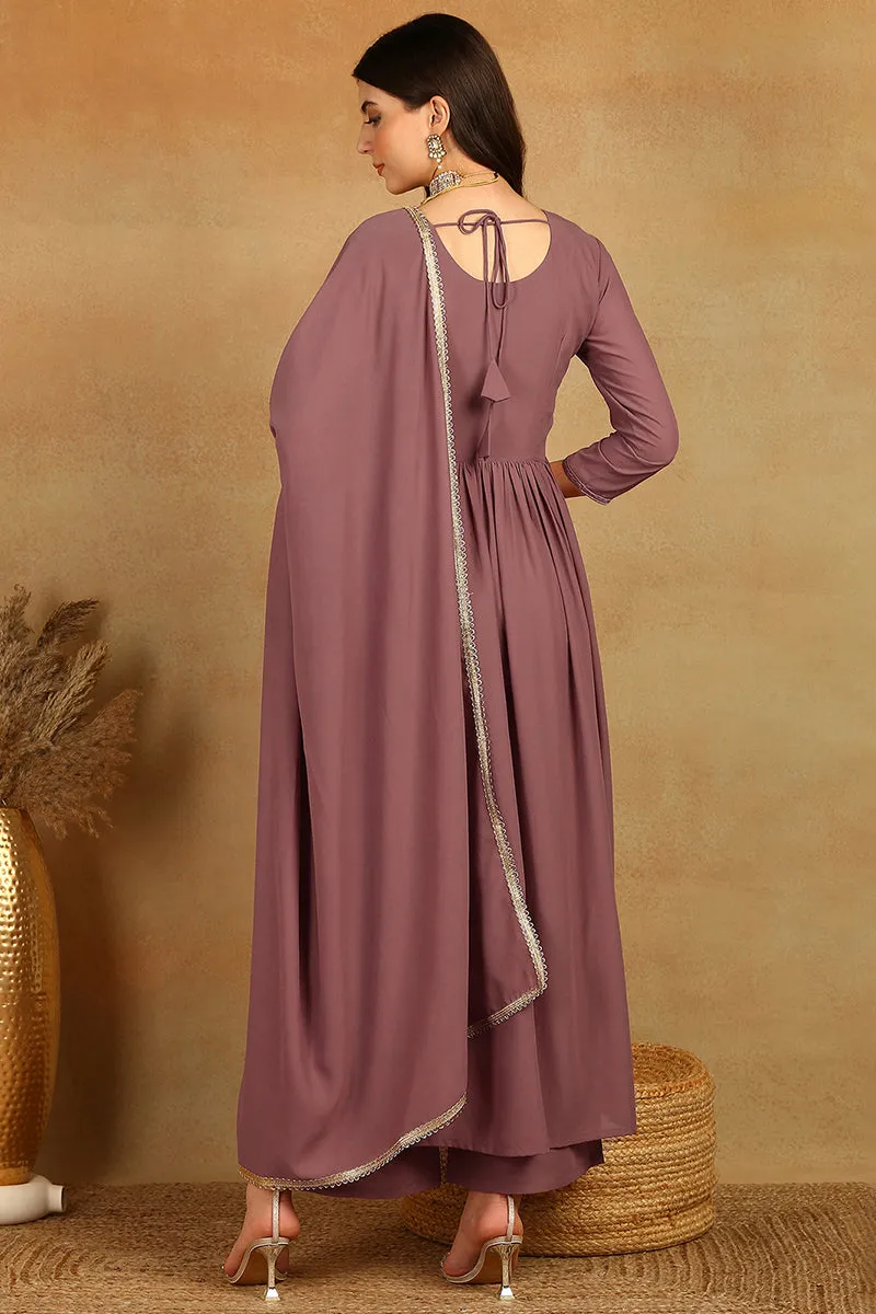 Mauve Georgette Solid Embroidered 3-Piece Kurta Set
