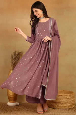 Mauve Georgette Solid Embroidered 3-Piece Kurta Set