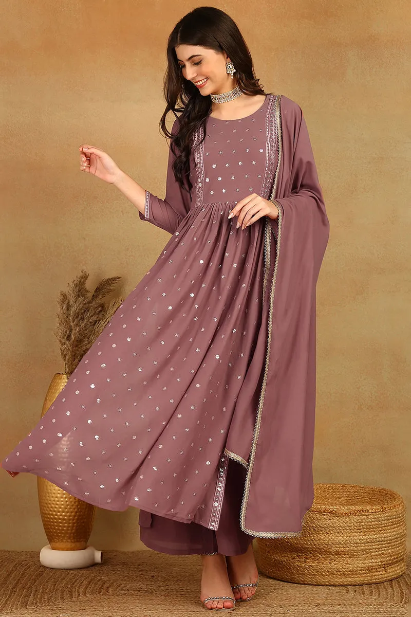 Mauve Georgette Solid Embroidered 3-Piece Kurta Set