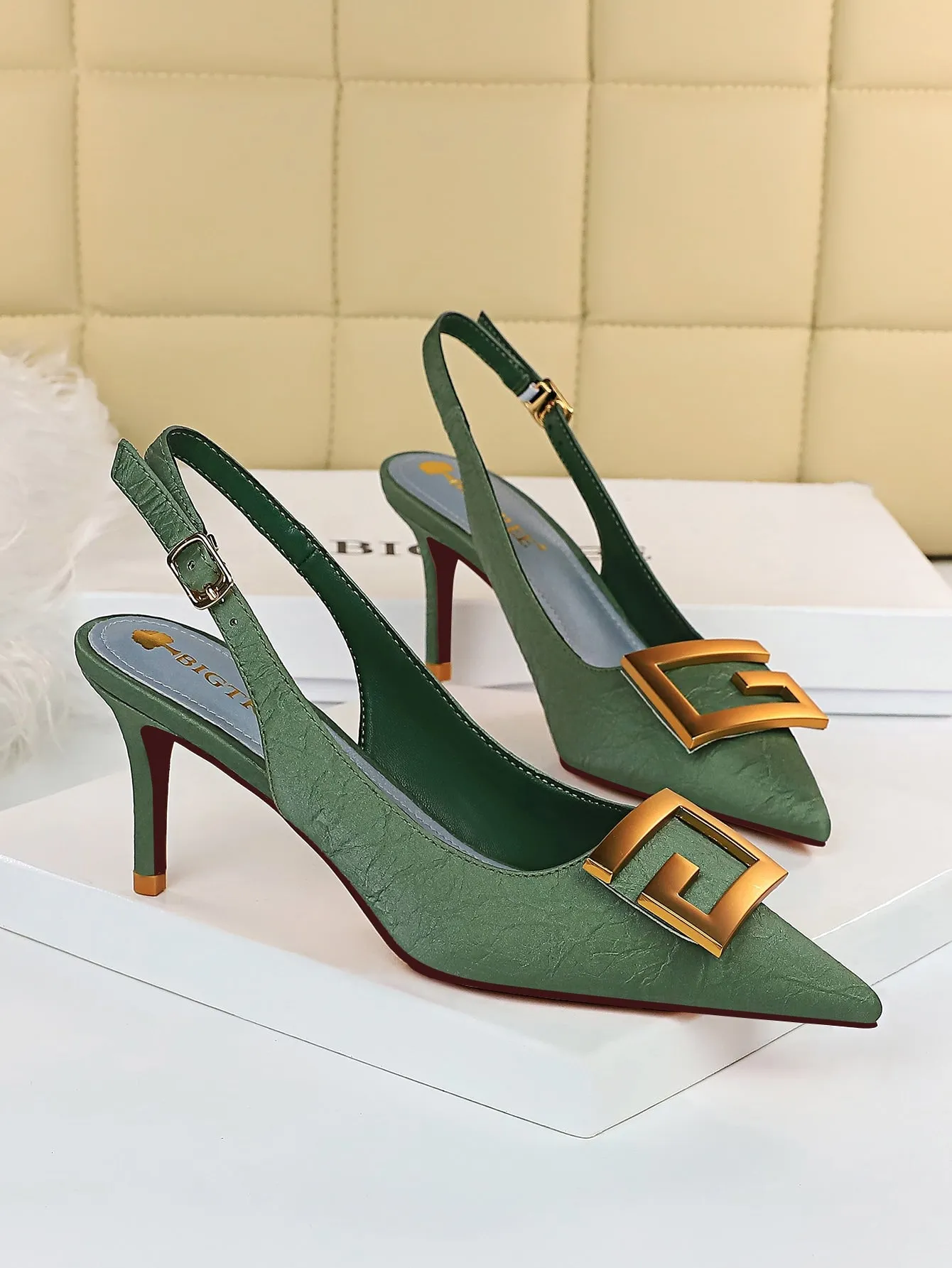 Metal Decor Stiletto Slingback Pumps