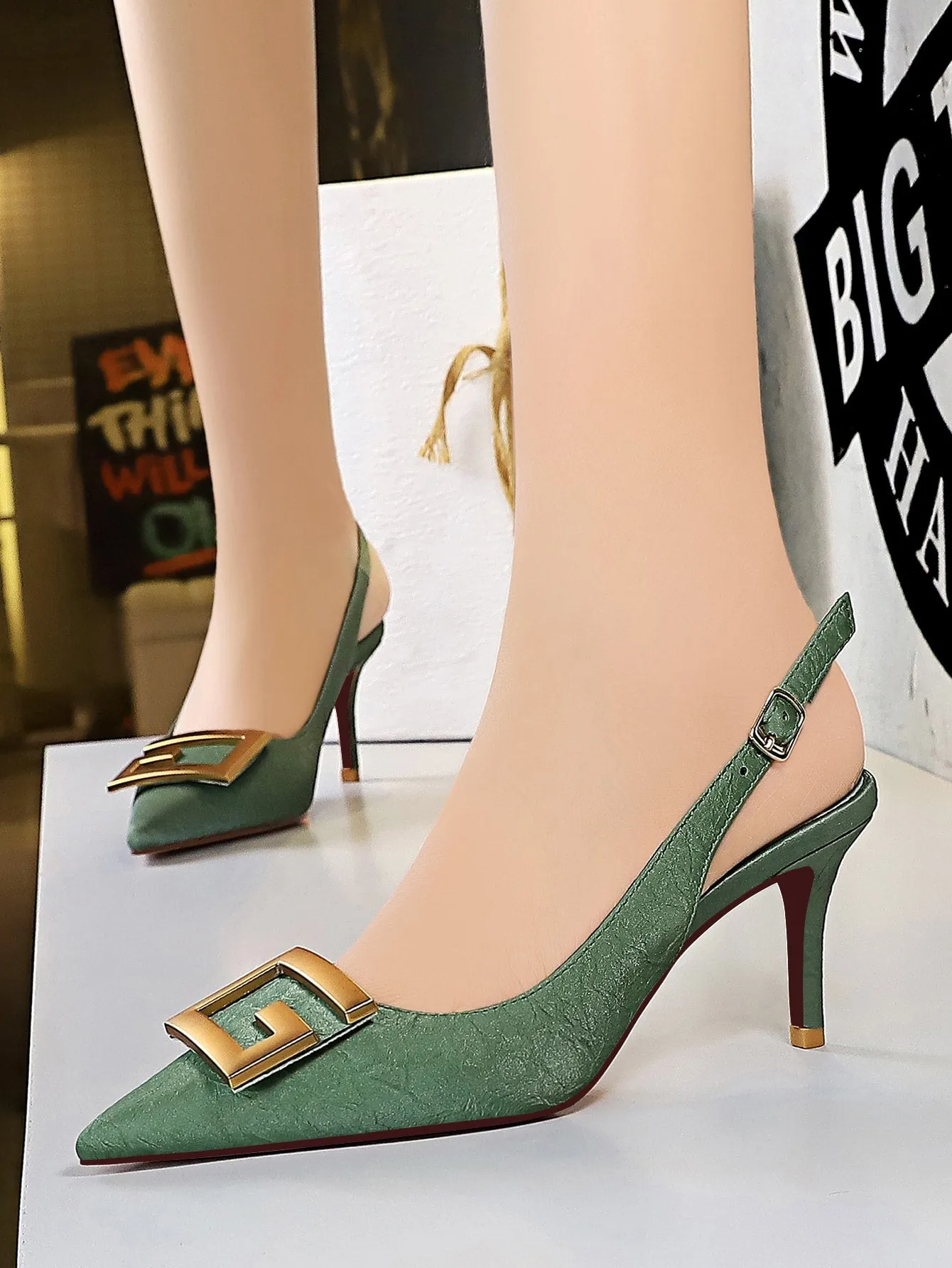 Metal Decor Stiletto Slingback Pumps