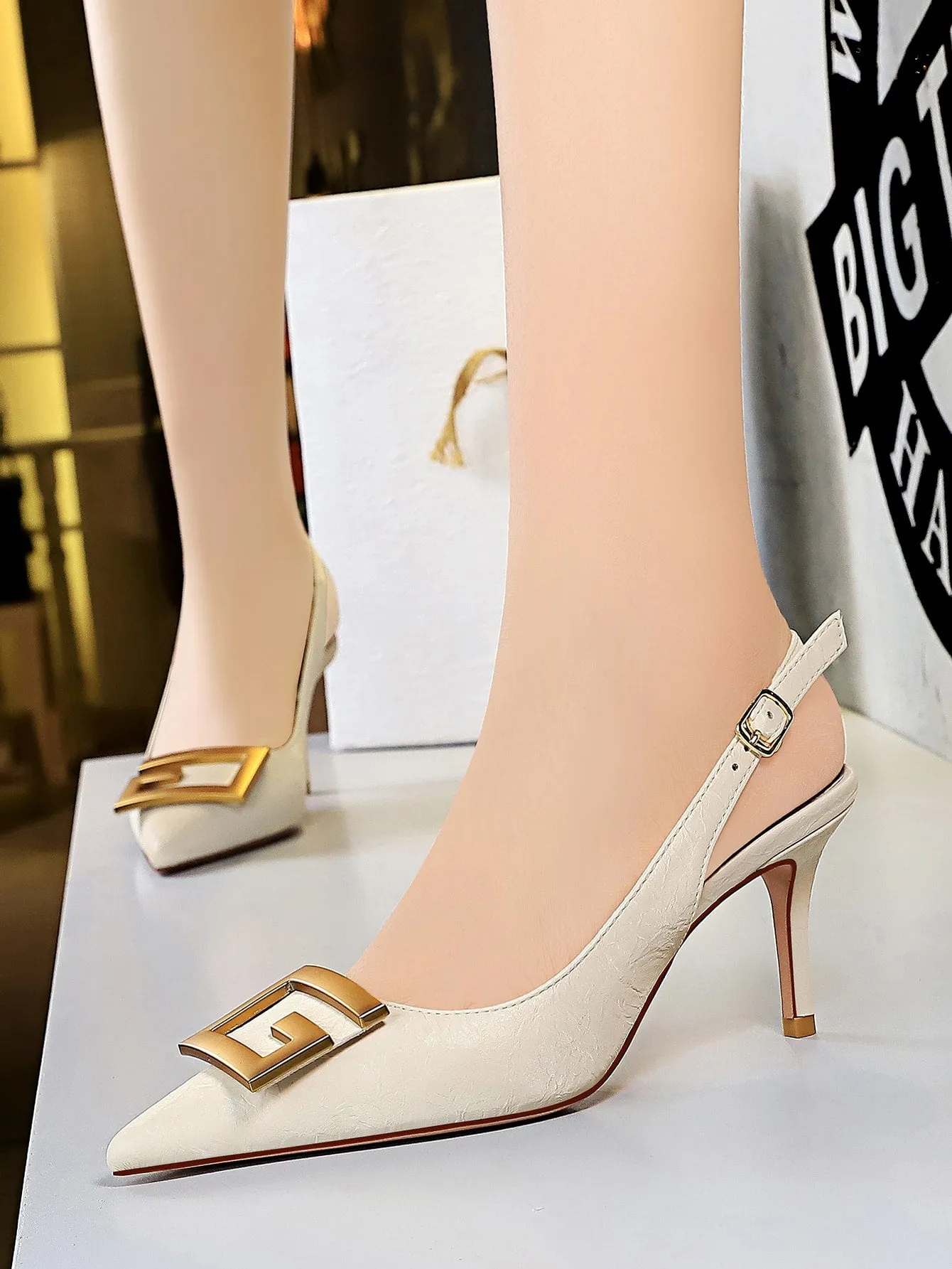 Metal Decor Stiletto Slingback Pumps