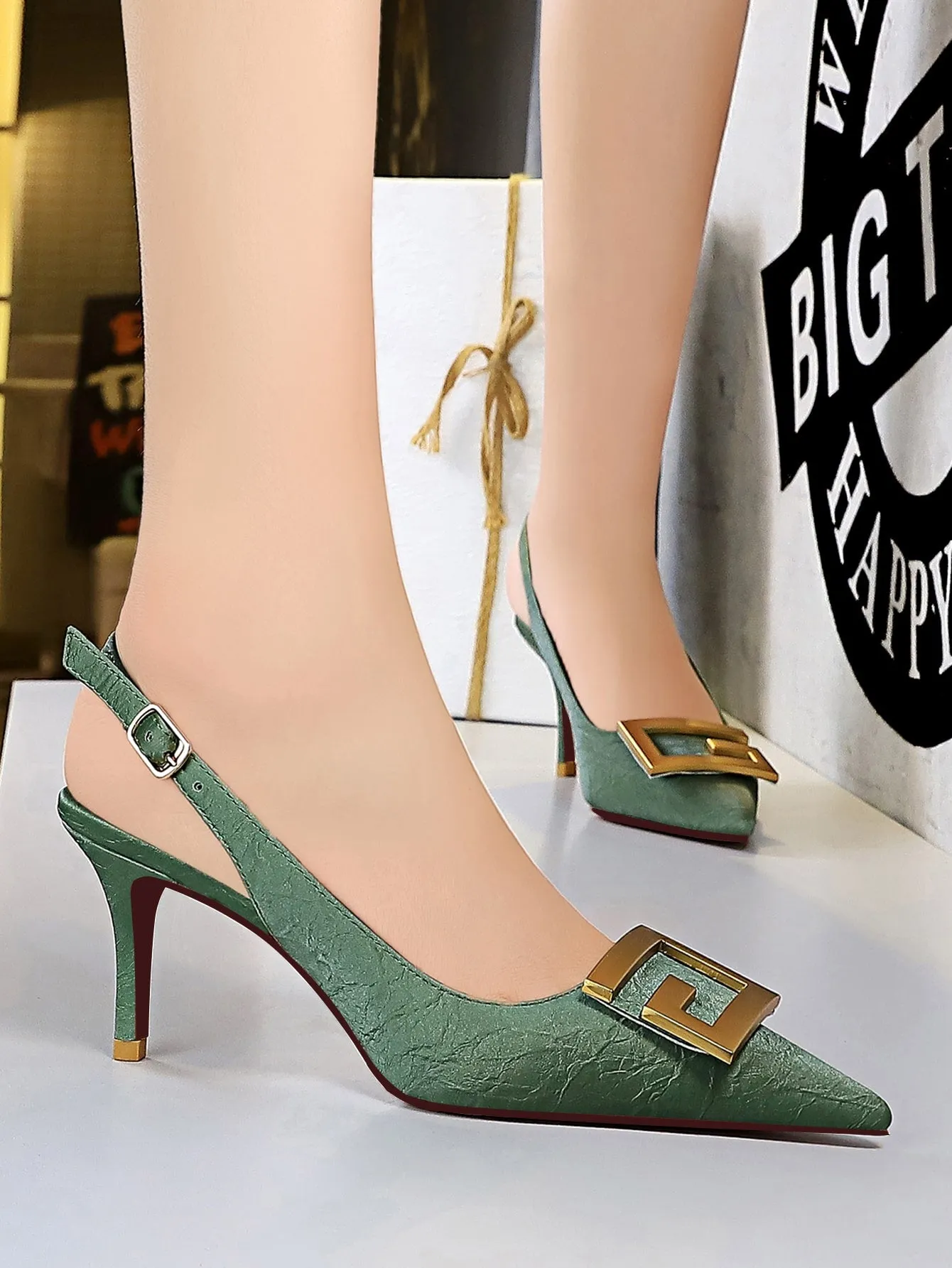 Metal Decor Stiletto Slingback Pumps