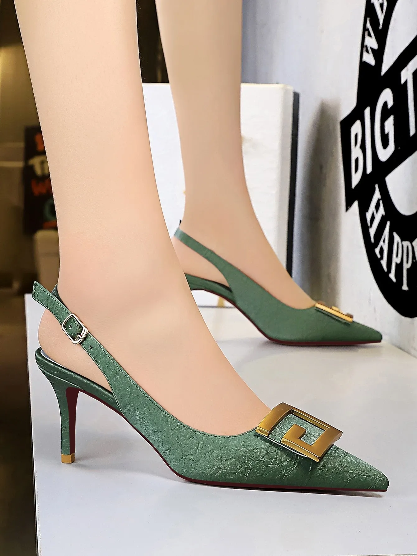 Metal Decor Stiletto Slingback Pumps