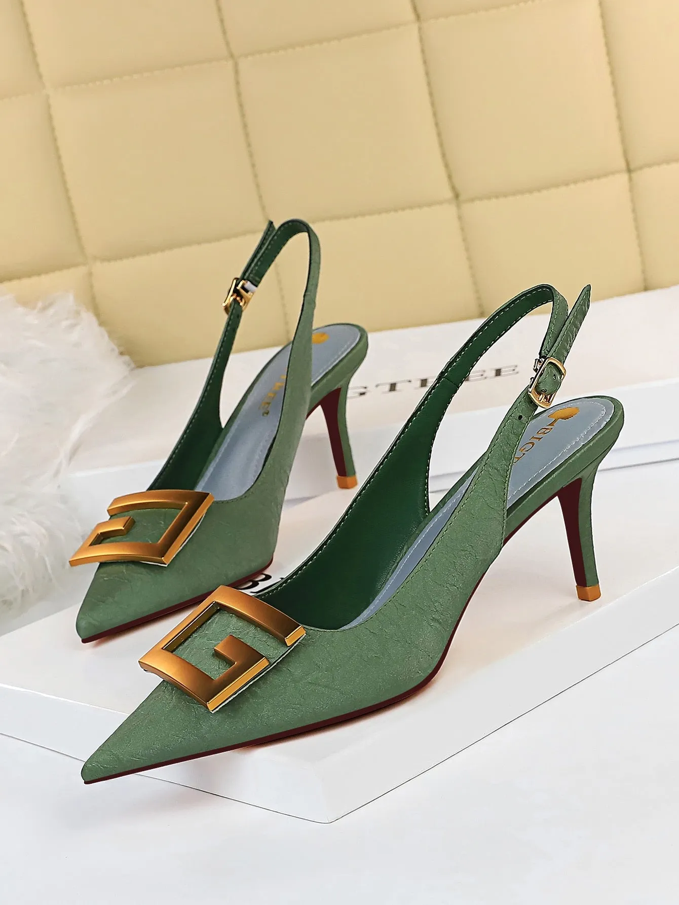 Metal Decor Stiletto Slingback Pumps