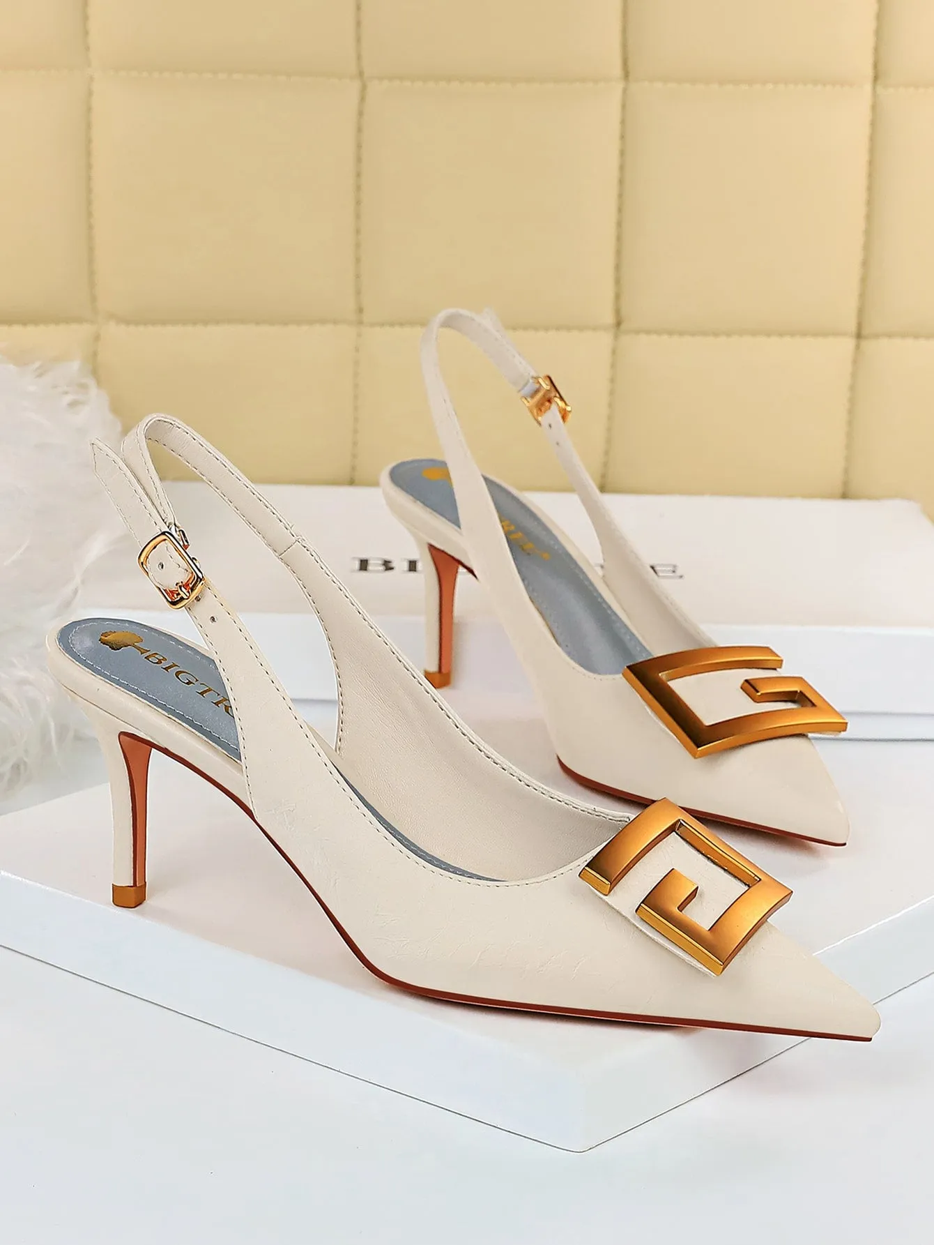 Metal Decor Stiletto Slingback Pumps