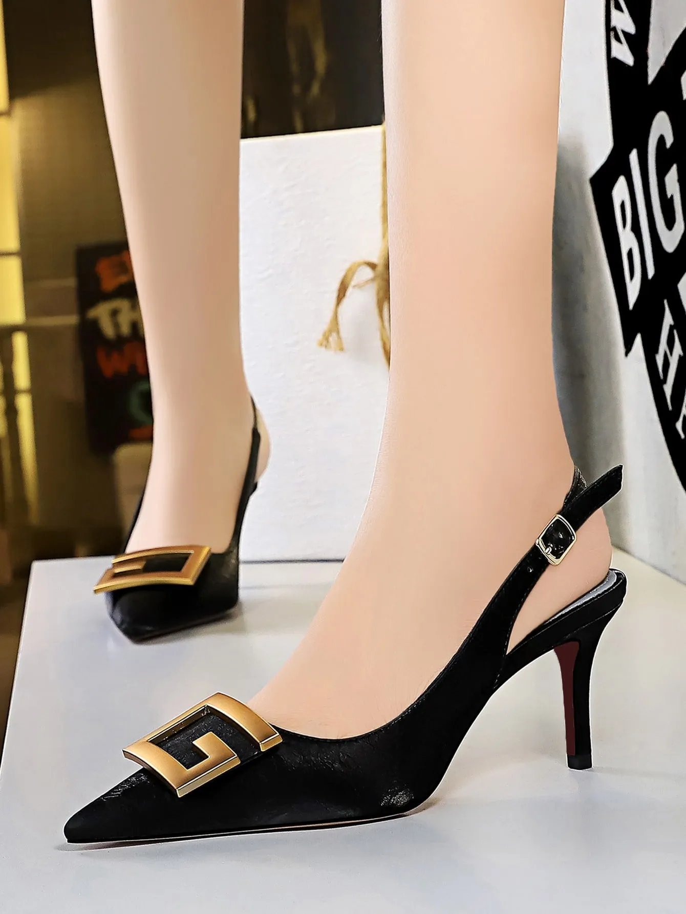 Metal Decor Stiletto Slingback Pumps