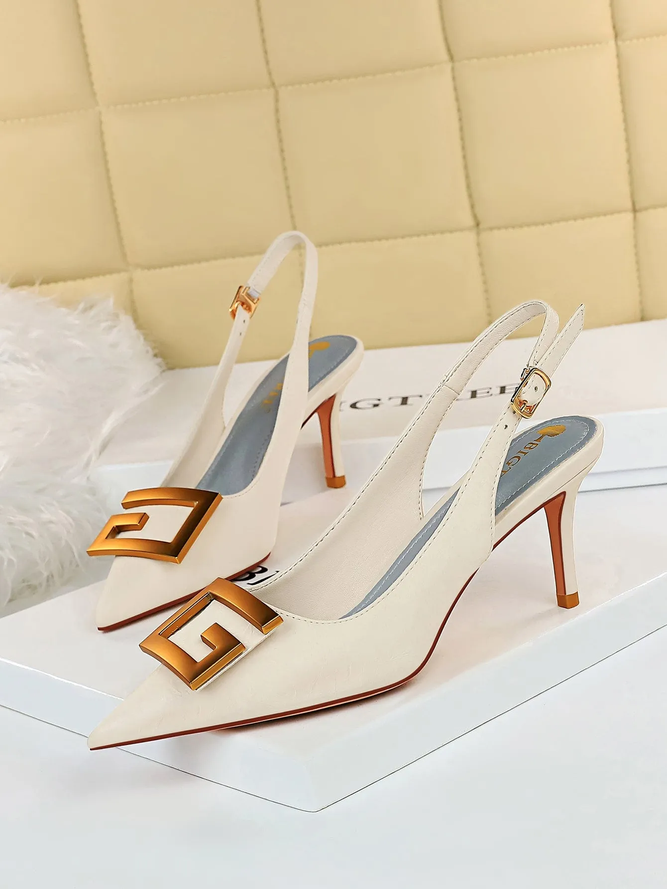 Metal Decor Stiletto Slingback Pumps