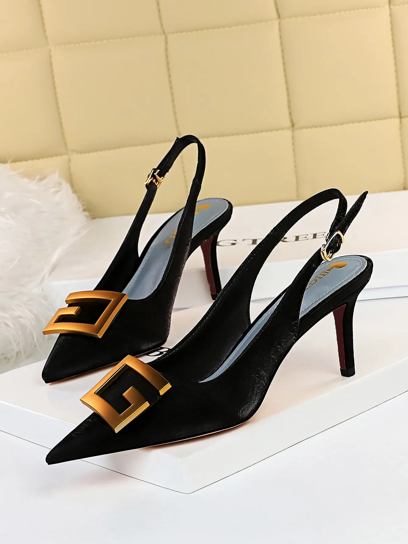 Metal Decor Stiletto Slingback Pumps
