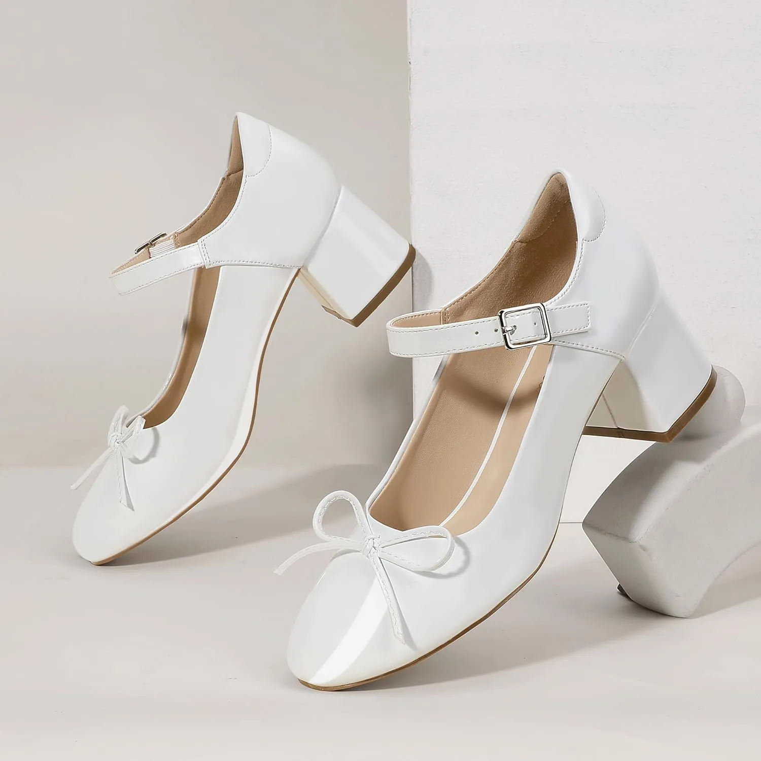 Mofri ShowHow Women's Mary Jane Shoes Women's Chunky Low Block Heels Mary Jane Round Closed Toe Pumps Wedding Office Dancing Dress Shoes
