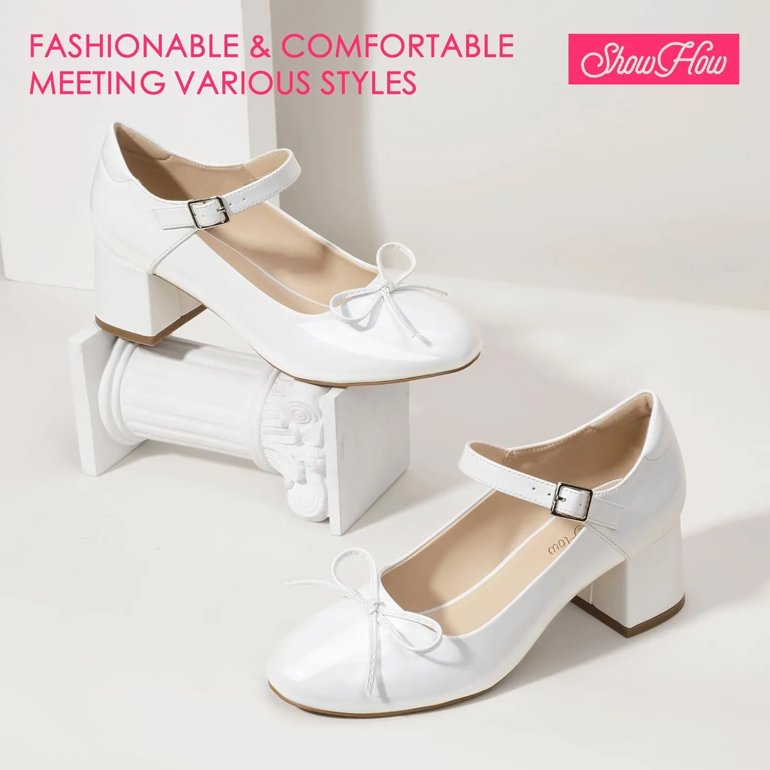Mofri ShowHow Women's Mary Jane Shoes Women's Chunky Low Block Heels Mary Jane Round Closed Toe Pumps Wedding Office Dancing Dress Shoes