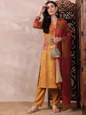 Mustard Silk Blend Floral Printed 3-Piece Kurta Set