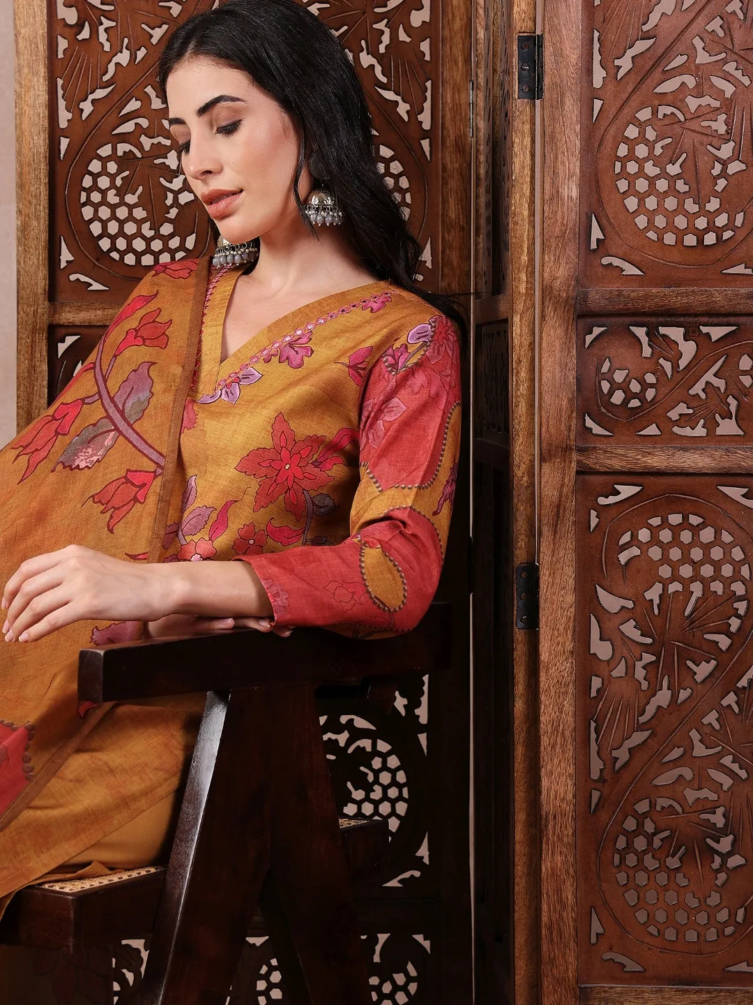 Mustard Silk Blend Floral Printed 3-Piece Kurta Set