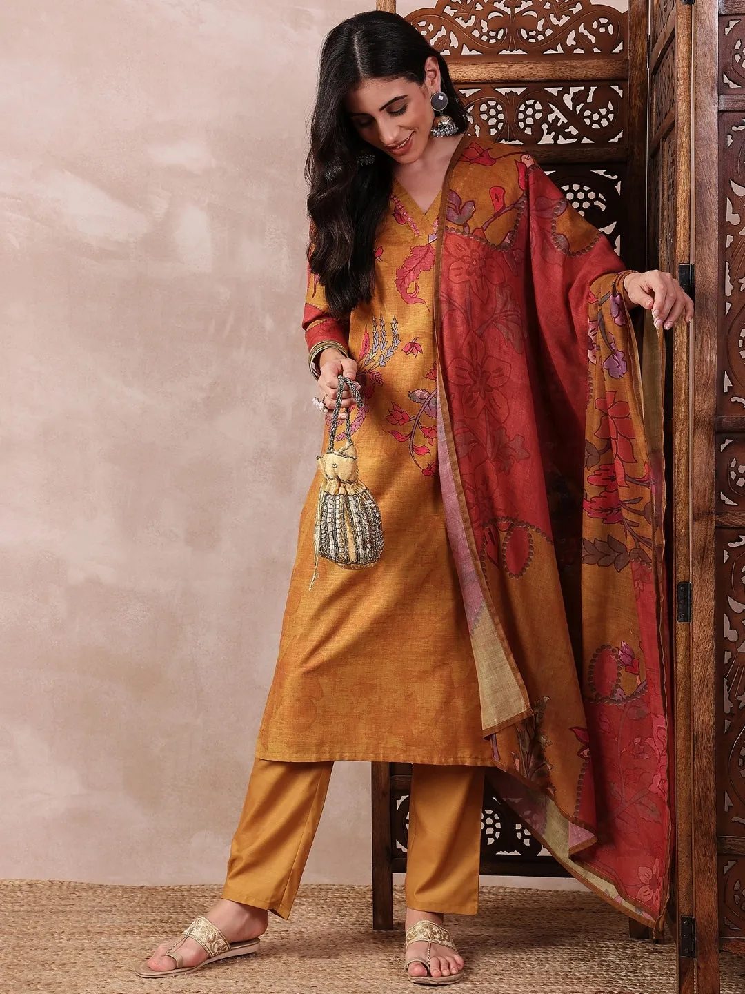 Mustard Silk Blend Floral Printed 3-Piece Kurta Set