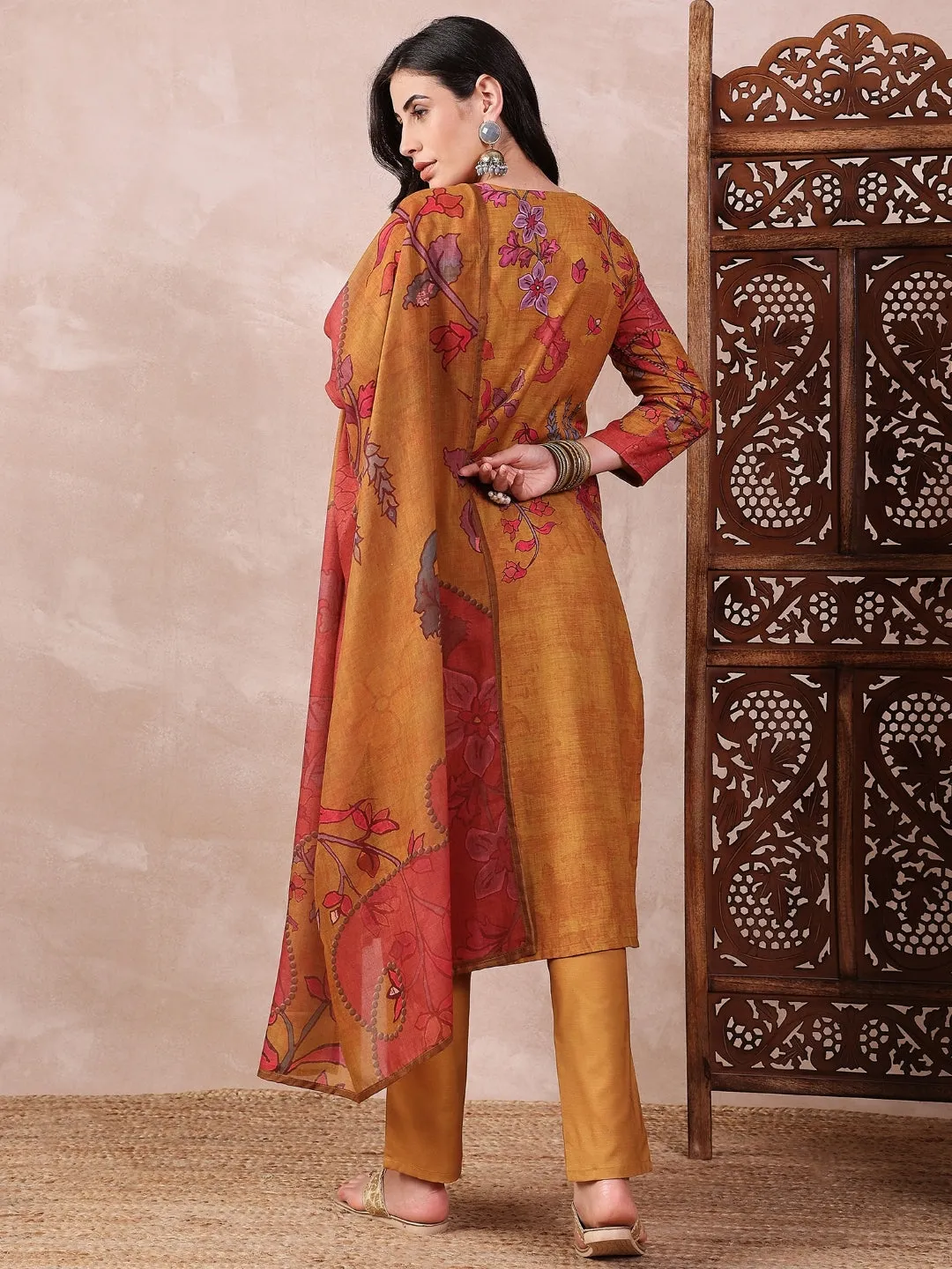 Mustard Silk Blend Floral Printed 3-Piece Kurta Set