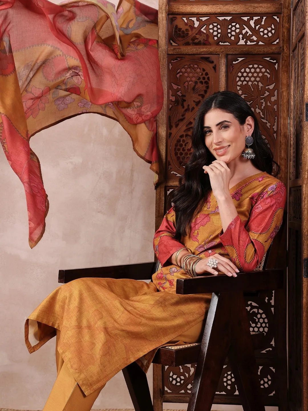Mustard Silk Blend Floral Printed 3-Piece Kurta Set