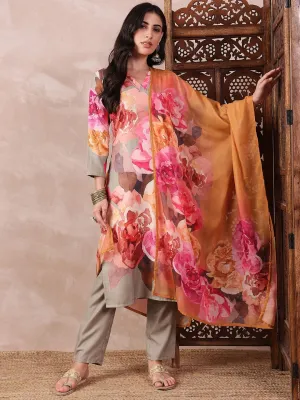 Olive Silk Blend Floral Printed 3-Piece Kurta Set
