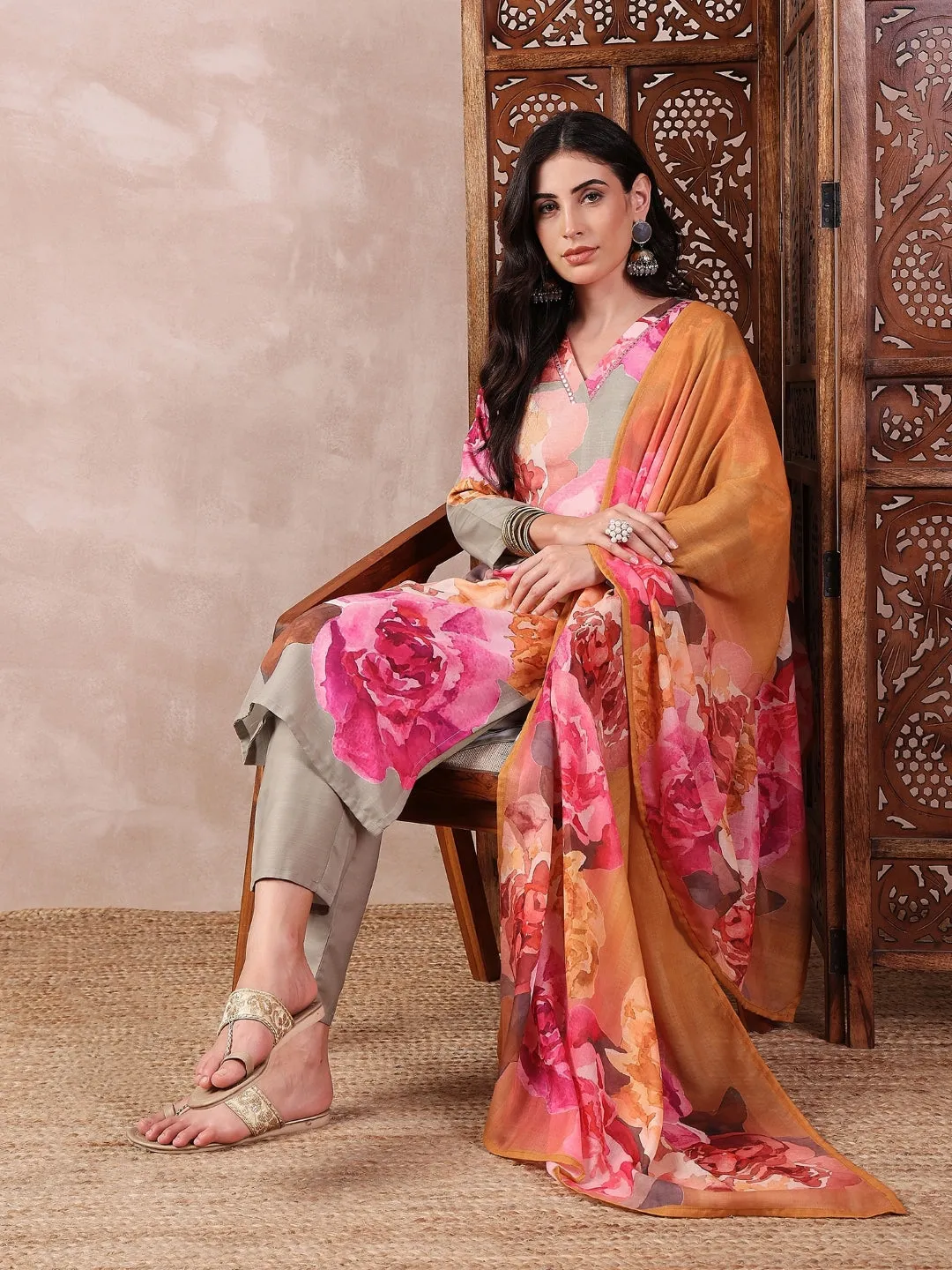 Olive Silk Blend Floral Printed 3-Piece Kurta Set