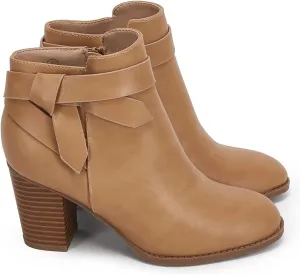 PiePieBuy Women's Tie Knot Chelsea Pump Ankle Boots Closed Toe Stacked Heel Booties Shoes
