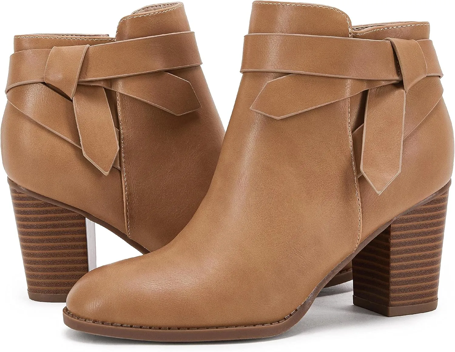 PiePieBuy Women's Tie Knot Chelsea Pump Ankle Boots Closed Toe Stacked Heel Booties Shoes