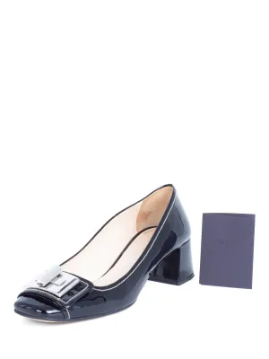 Prada Patent Leather Turnlock Buckle Logo Block Heel Shoes Black