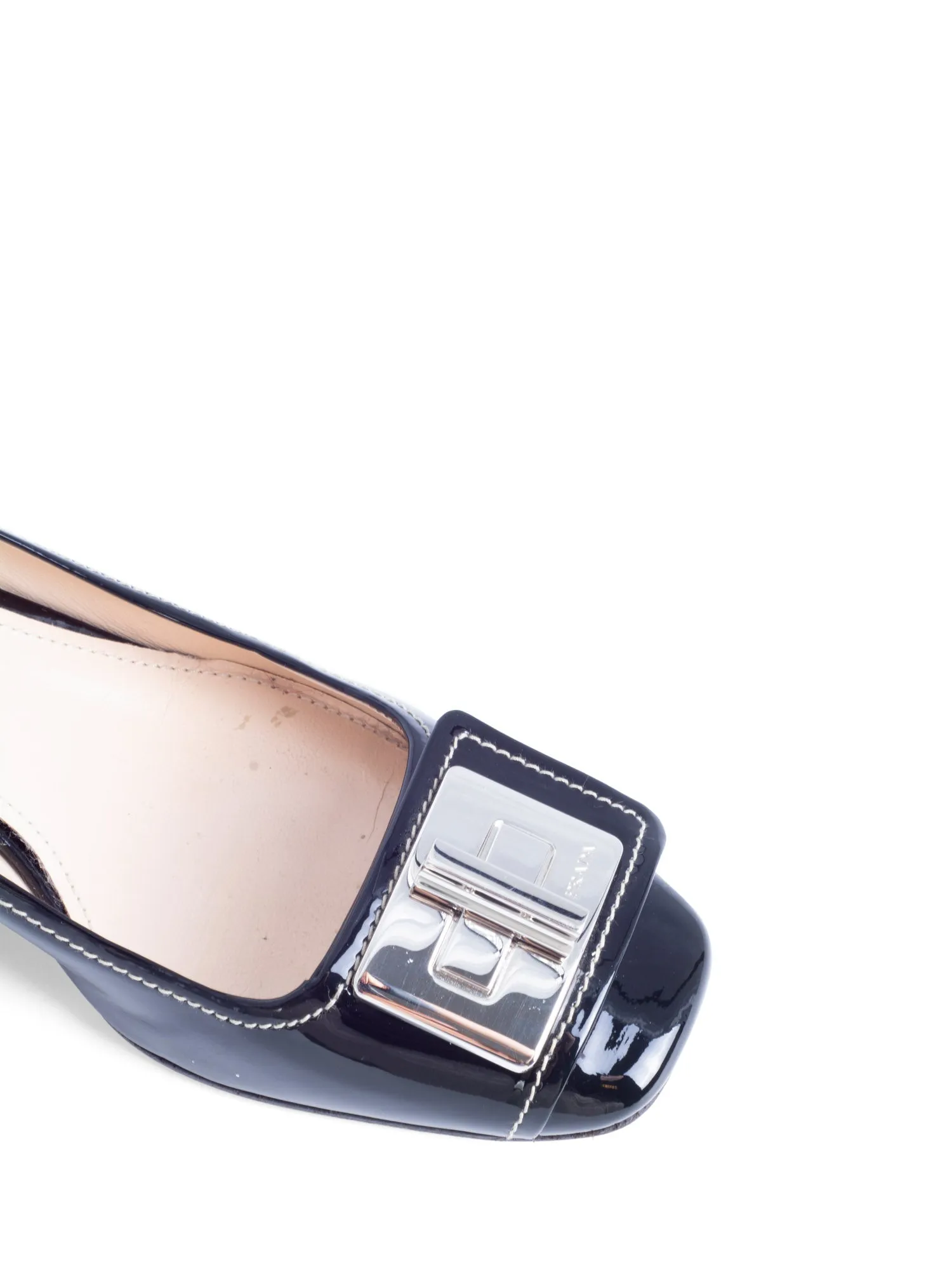 Prada Patent Leather Turnlock Buckle Logo Block Heel Shoes Black