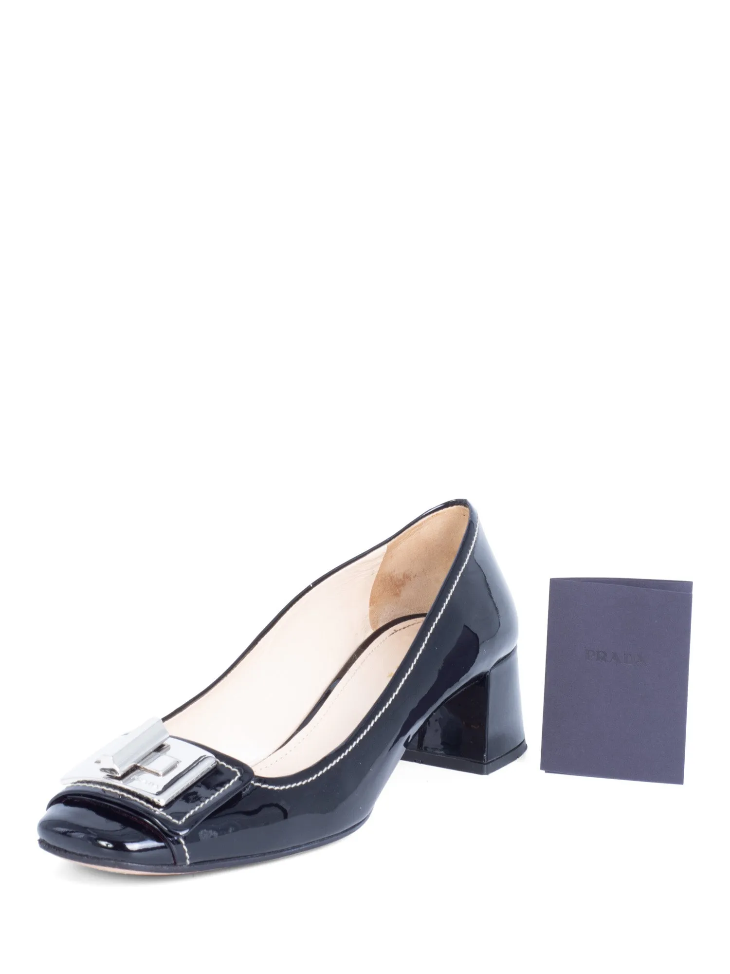 Prada Patent Leather Turnlock Buckle Logo Block Heel Shoes Black