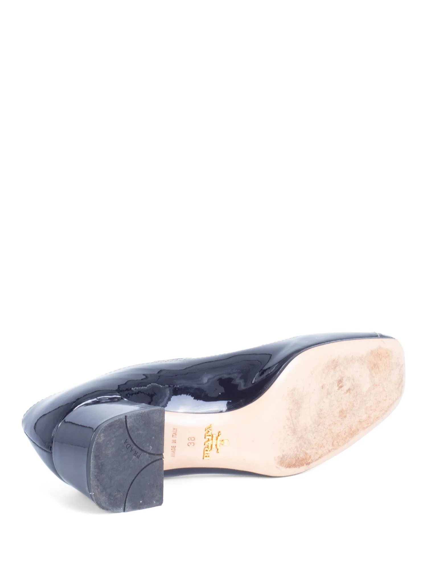 Prada Patent Leather Turnlock Buckle Logo Block Heel Shoes Black