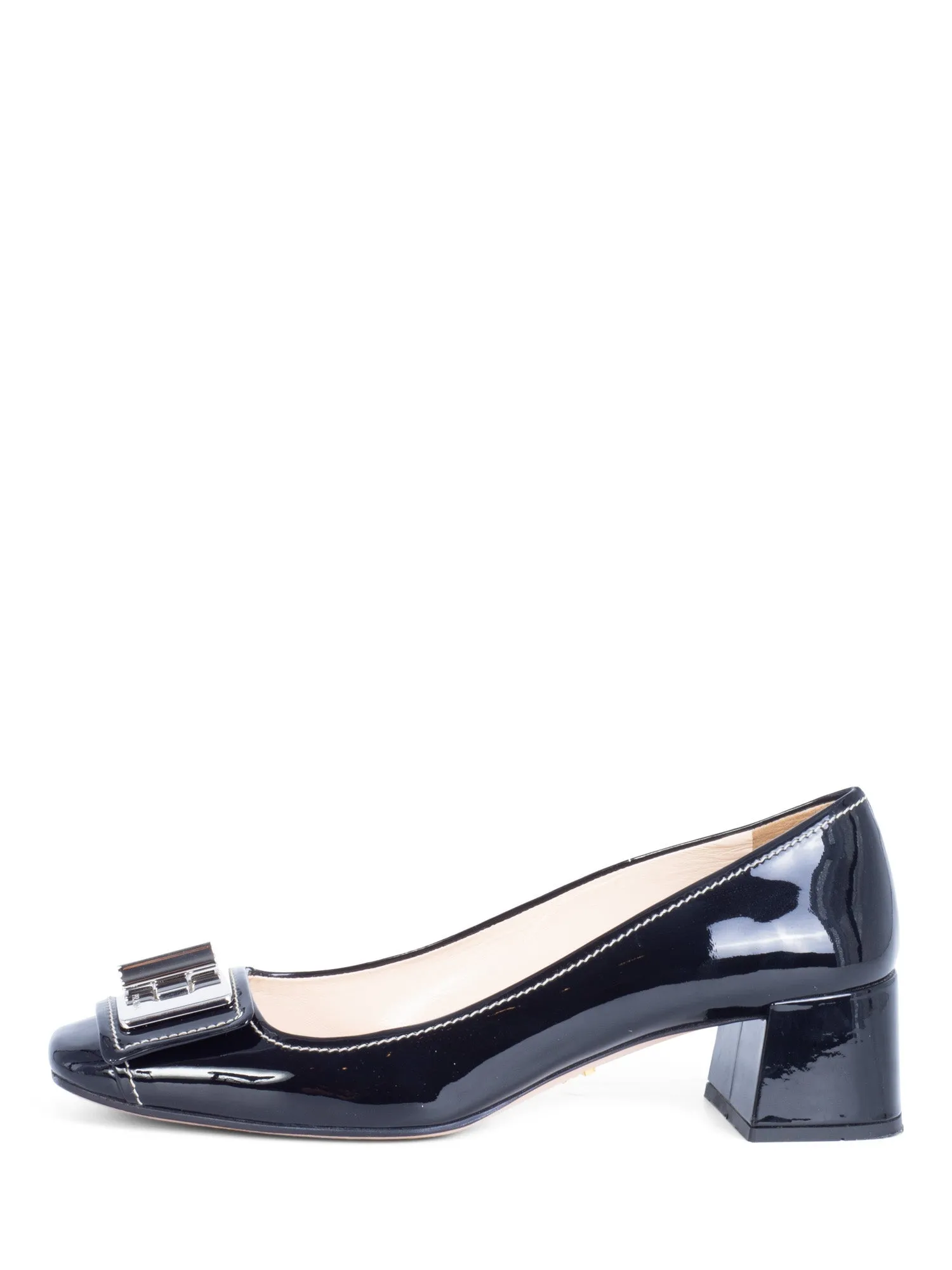 Prada Patent Leather Turnlock Buckle Logo Block Heel Shoes Black