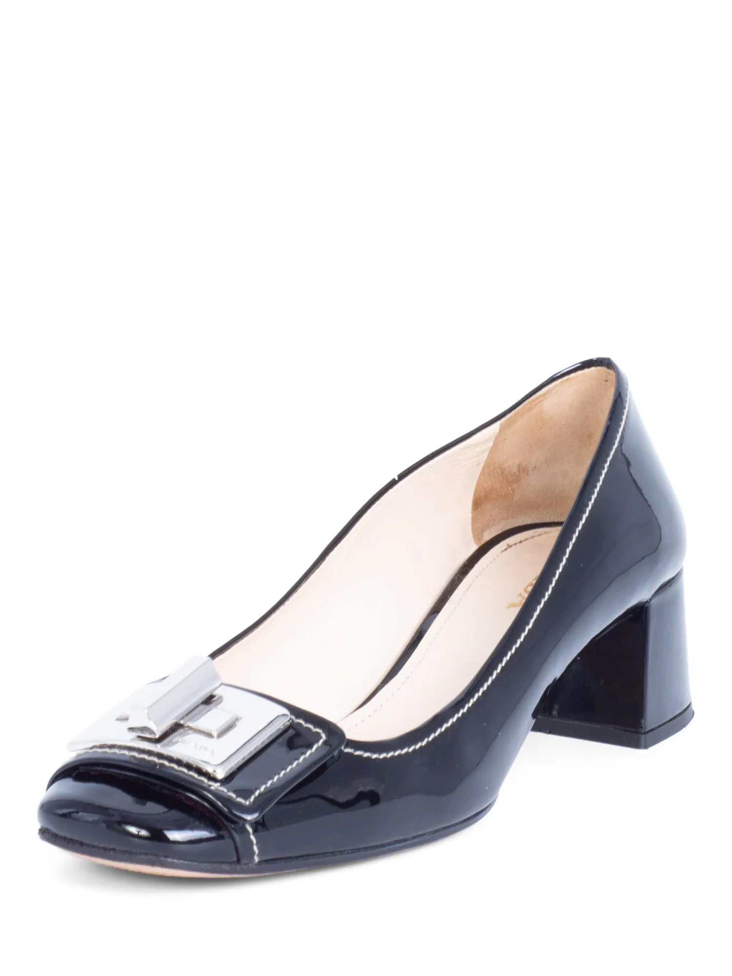 Prada Patent Leather Turnlock Buckle Logo Block Heel Shoes Black