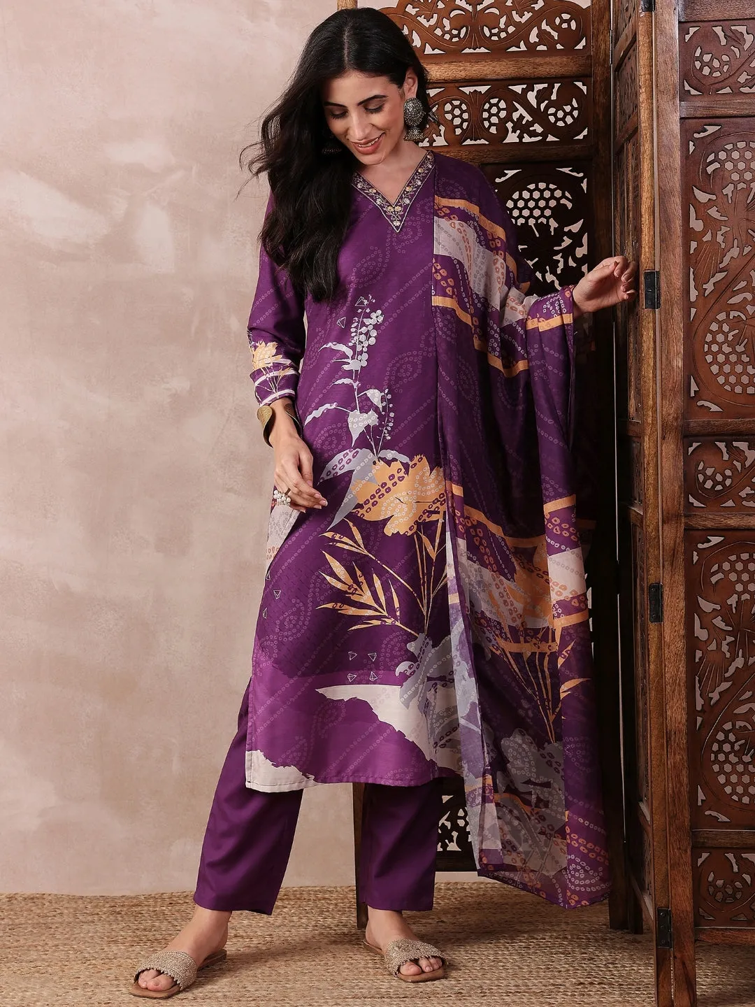 Purple Silk Blend Floral Print 3-Piece Kurta Set