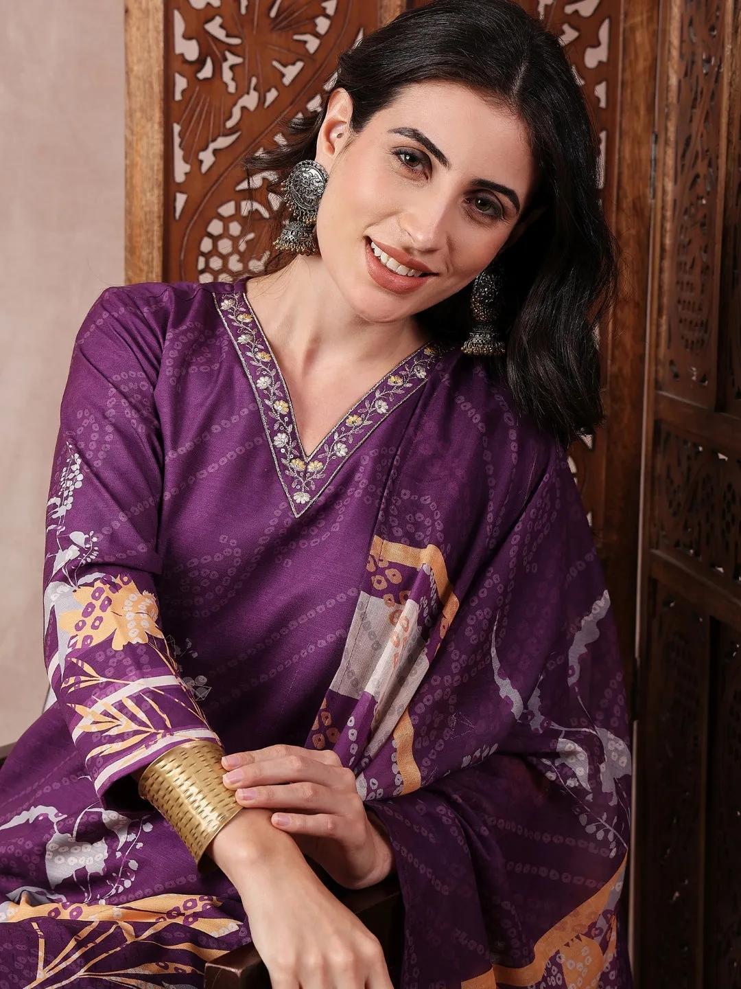 Purple Silk Blend Floral Print 3-Piece Kurta Set