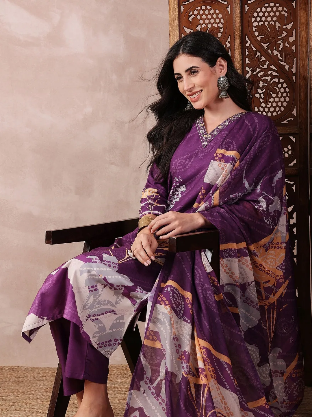 Purple Silk Blend Floral Print 3-Piece Kurta Set