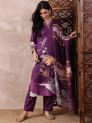 Purple Silk Blend Floral Print 3-Piece Kurta Set