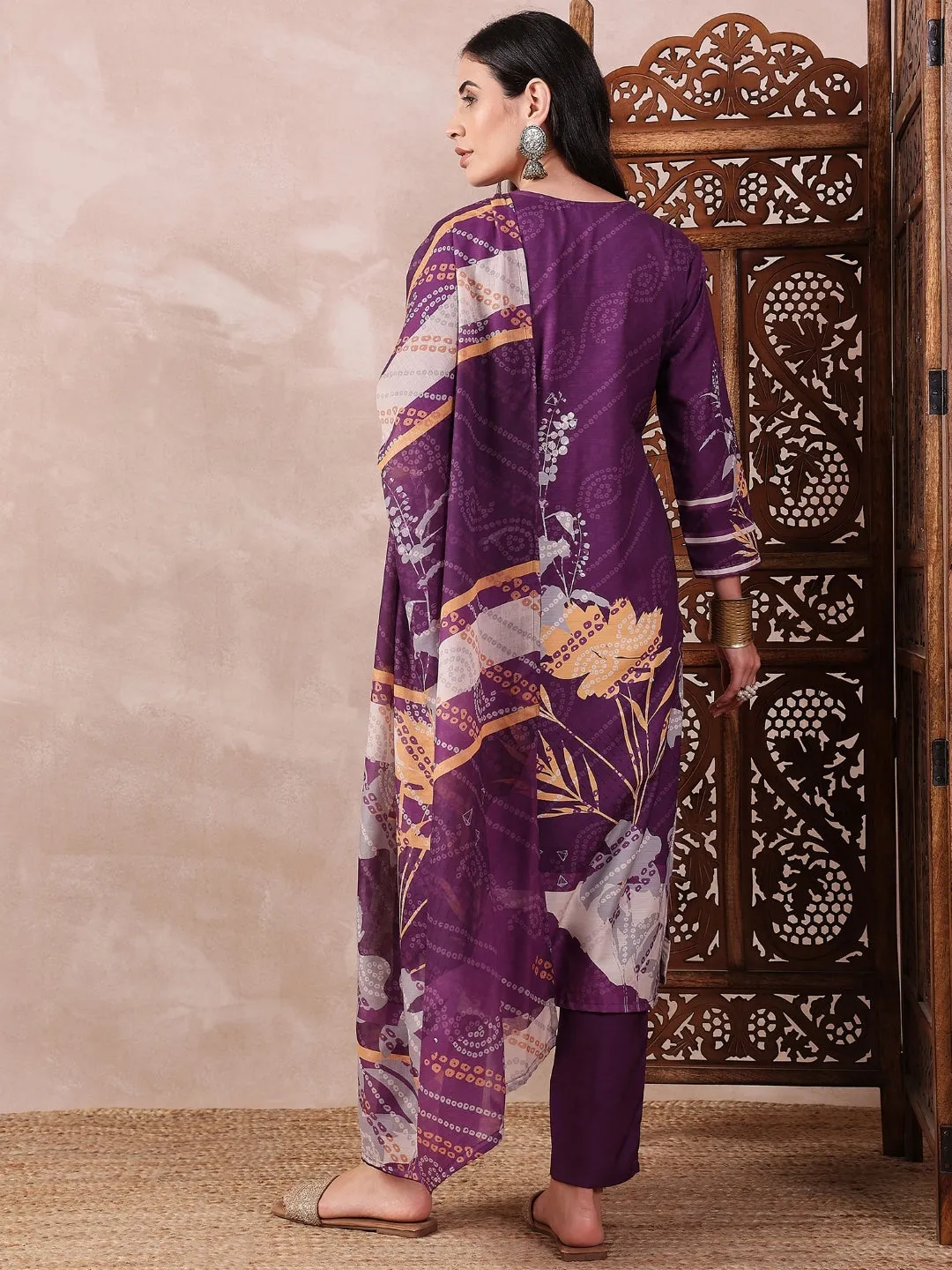 Purple Silk Blend Floral Print 3-Piece Kurta Set