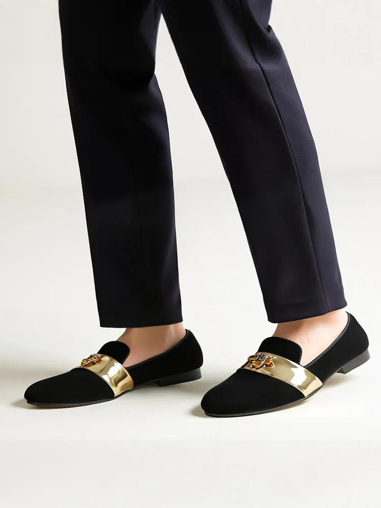 Spring and summer new men's handmade loafers patent leather gold belt small bee buckle European and American trendy slip-on banquet shoes for men