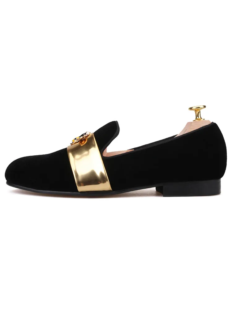 Spring and summer new men's handmade loafers patent leather gold belt small bee buckle European and American trendy slip-on banquet shoes for men