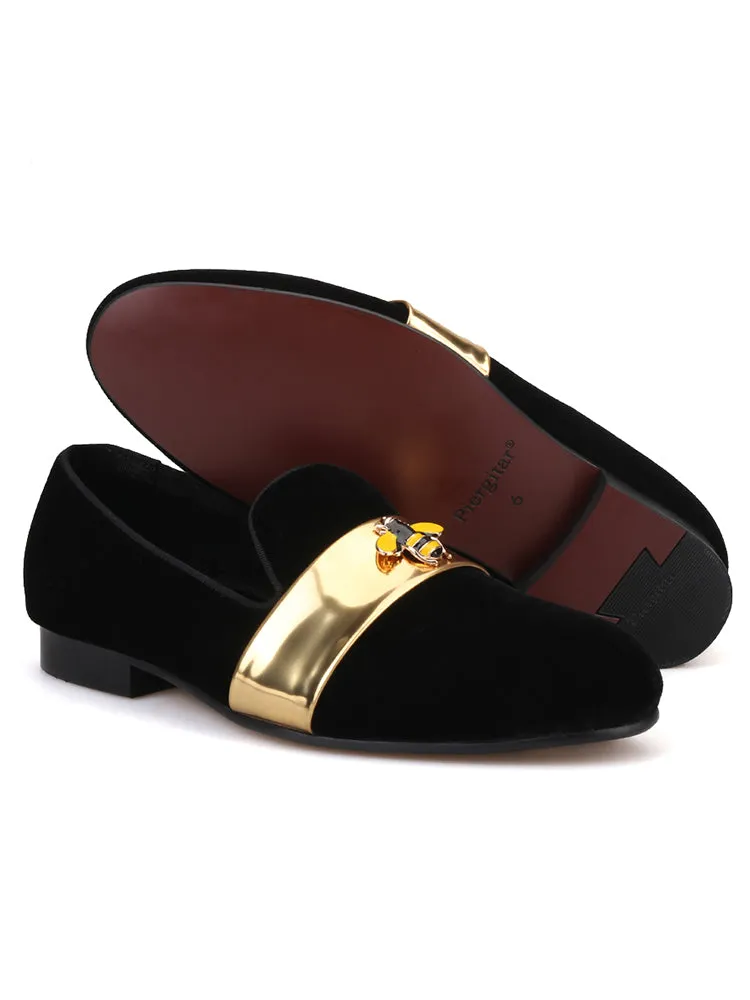 Spring and summer new men's handmade loafers patent leather gold belt small bee buckle European and American trendy slip-on banquet shoes for men