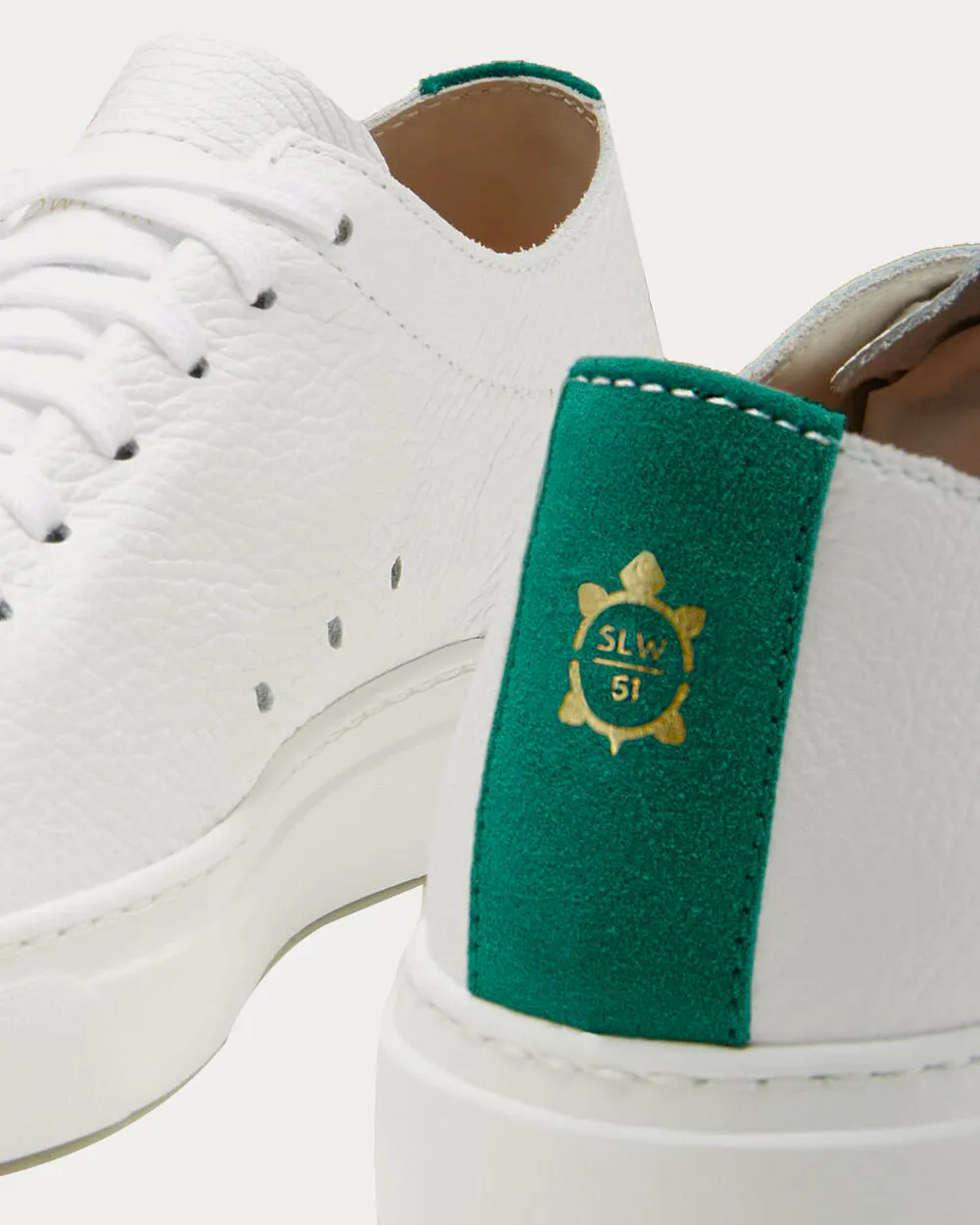 Textured Calf Leather Dark Green Detailing White Low Top Sneakers