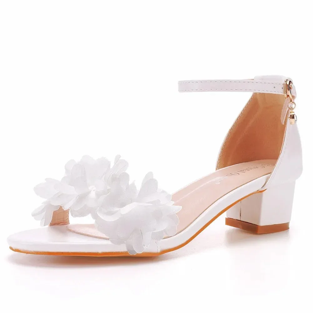 Women Heeled Sandals Flower Buckle Strap PU 7CM Square Heel