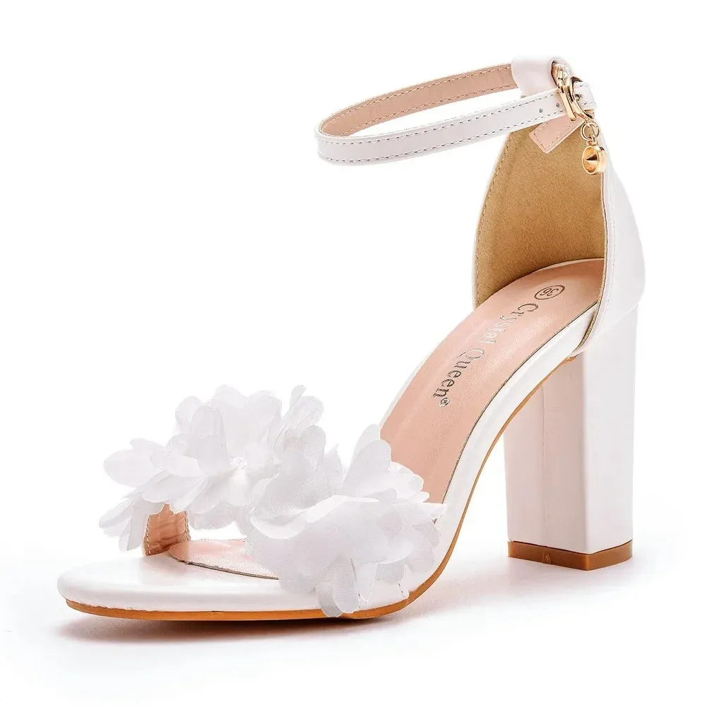 Women Heeled Sandals Flower Buckle Strap PU 7CM Square Heel