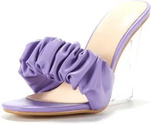 Women Wedge Heel Slip on Mule Shoes Single Strap Transparent Slide High Heel Slipper Shoes Purple