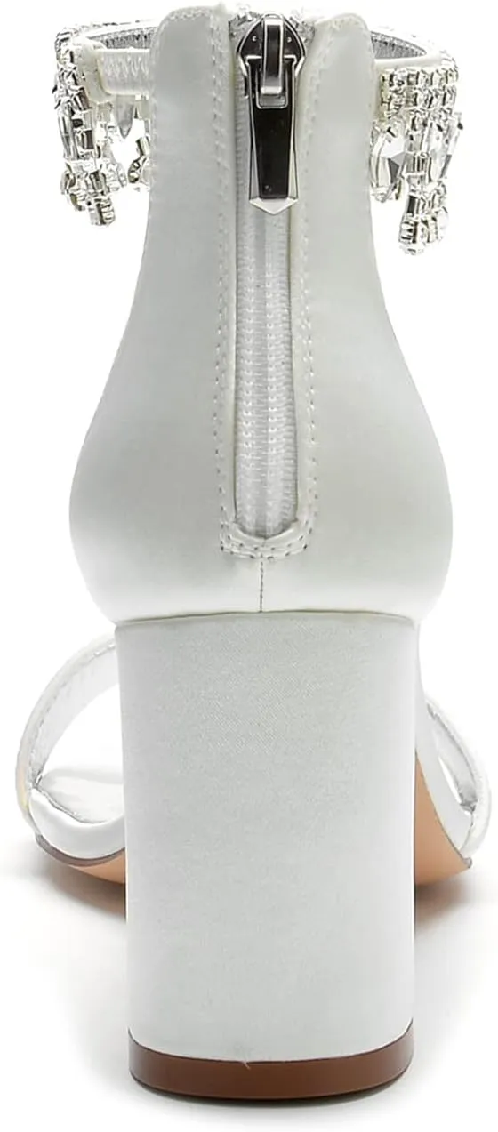 Women's Block Heel Sandals Satin Chunky Ankle Strap Crystal Wedding Dress Shoes High Heel Bride Pumps for Prom Party