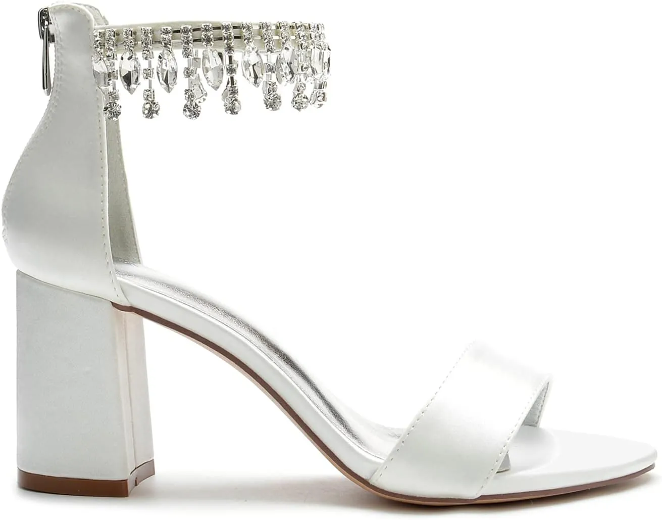 Women's Block Heel Sandals Satin Chunky Ankle Strap Crystal Wedding Dress Shoes High Heel Bride Pumps for Prom Party
