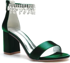 Women's Block Heel Sandals Satin Chunky Ankle Strap Crystal Wedding Dress Shoes High Heel Bride Pumps for Prom Party