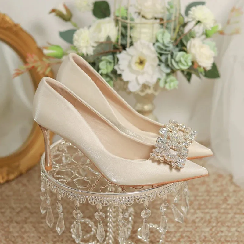 Women's Crystal Square Buckle High Heels Pumps