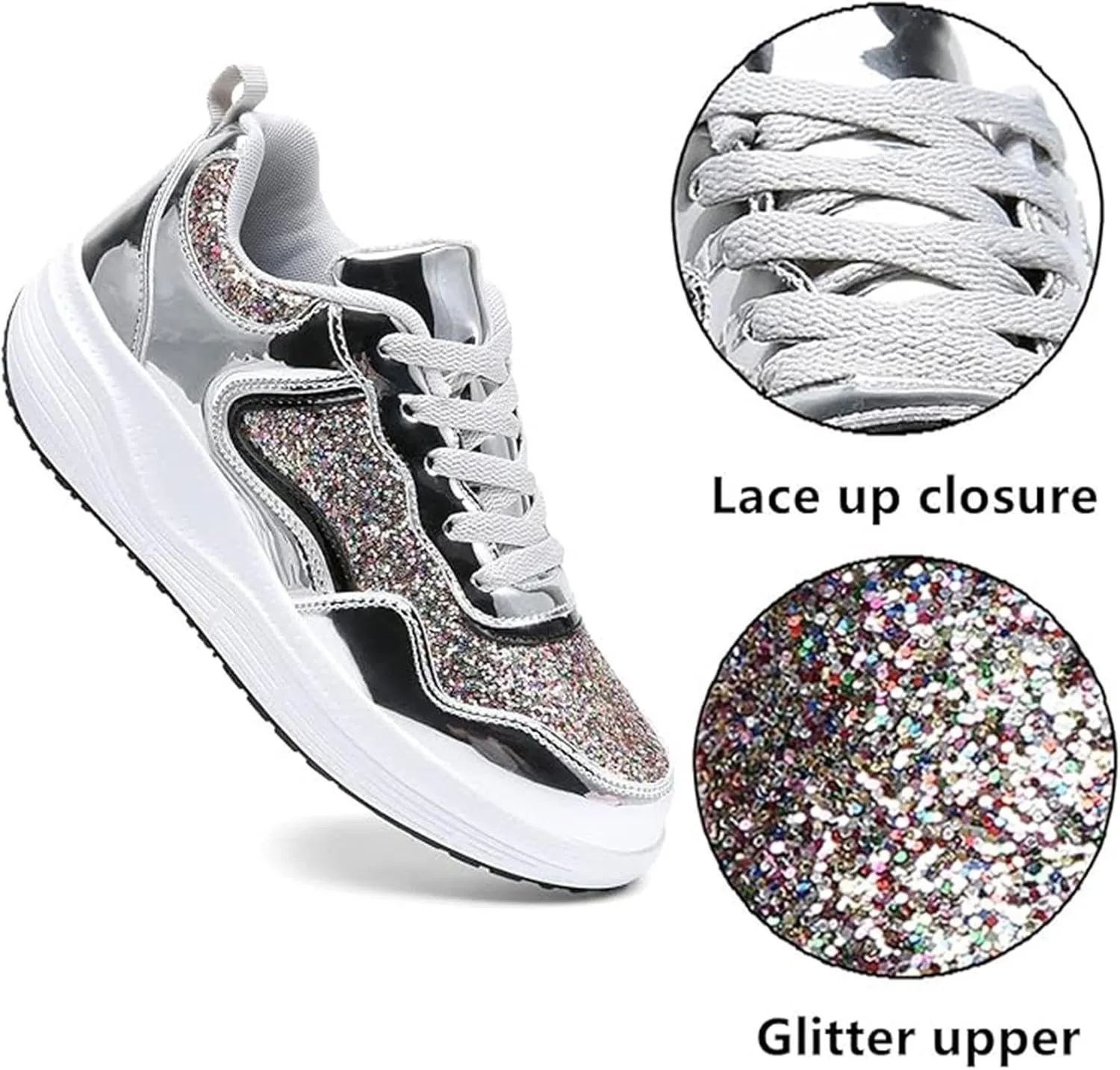 Women's Lace Up Inner Heightening Wedge Walking Shoe Sequins Fashion Sneakers Lightweight Non Slip Workout Shoes